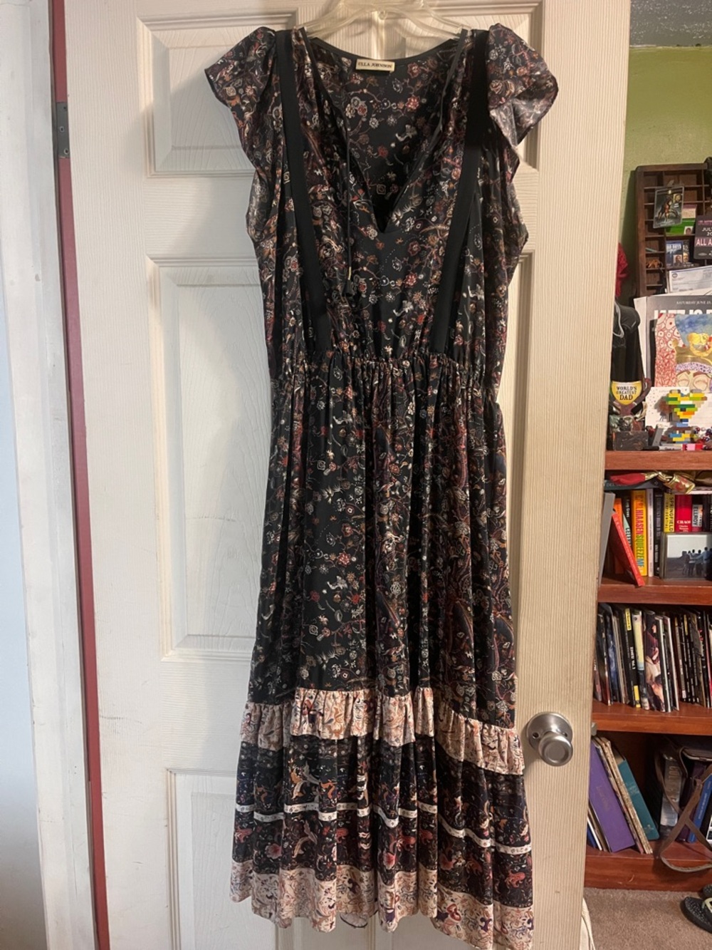 ULLA JOHNSON black floral tiered dress with high waist with black lining. Sz 8